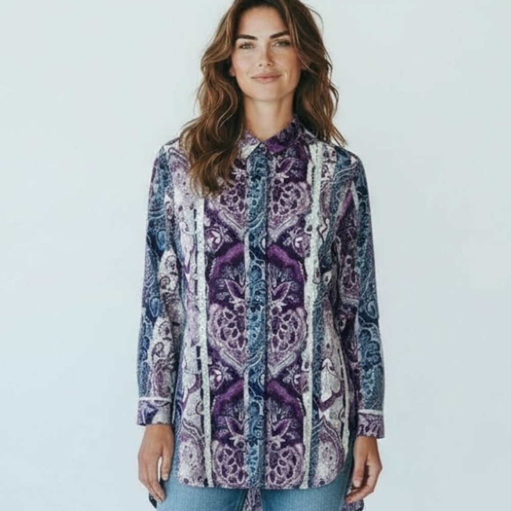 Chico's Women's 2 = 12/14 Long Sleeve Button Tunic Blouse Purple Paisley EUC